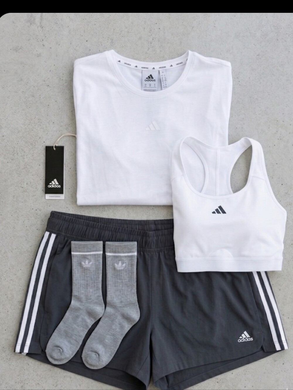 NWT adidas White Tee & Sports Bra with Charcoal Shorts and Socks